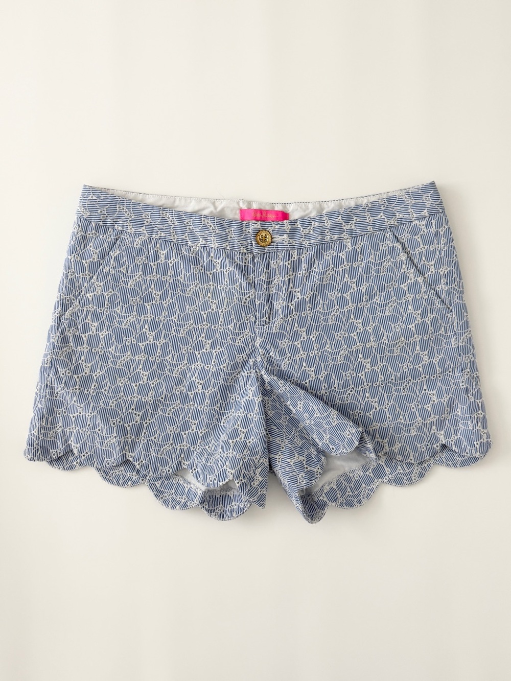 Lilly Pulitzer Buttercup Blue Seersucker Floral Eyelet Scalloped Coastal Shorts